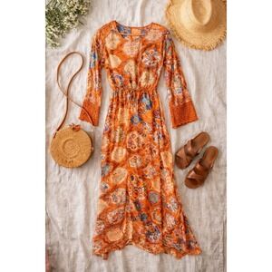 Handmade Artisan Orange Patchwork Floral Crochet Lace Maxi Dress Boho Long Sleev